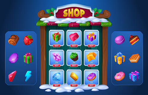 Winter Christmas game shop ui wood sign frame with button to buy. Wooden signboard interface with snow and xmas cartoon design. Store menu with candy, crystal, energy and strawberry in tent box.