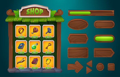 Wood game shop ui interface with button frame. Wooden store box gui item with 2d user navigation arrow cartoon set. Medieval board label with key, potion and recourse to buy in rpg mobile app.