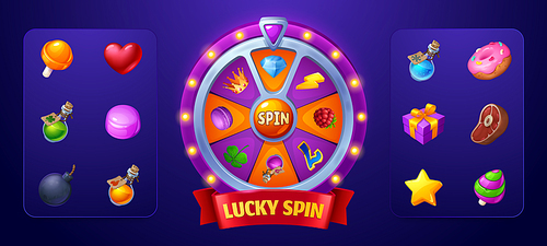 Fortune spin wheel ui game vector lottery design. Lucky roulette with isolated candy, star, bomb, potion and donut gift bonus for winner. Online circle jackpot box with success slot near arrow.