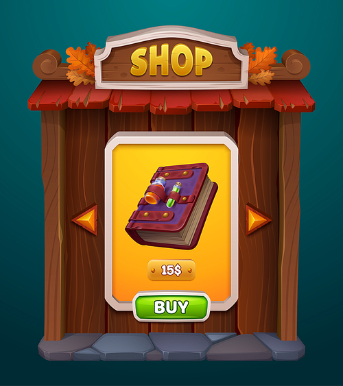 Autumn fantasy game shop ui interface wood frame background. Gui buy button in fall store box for user navigation. 2d medieval window board panel for mobile app. Wizard book of spell or potion for rpg