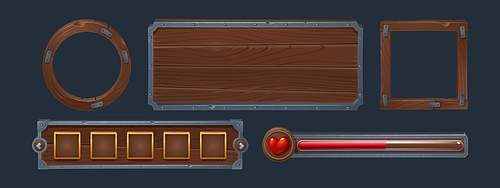 Wood ui board frame and life heart slider cartoon. Wooden texture button and red progress bar icon set. Medieval menu signboard box interface kit for mobile pirate app. Brown metal gui design