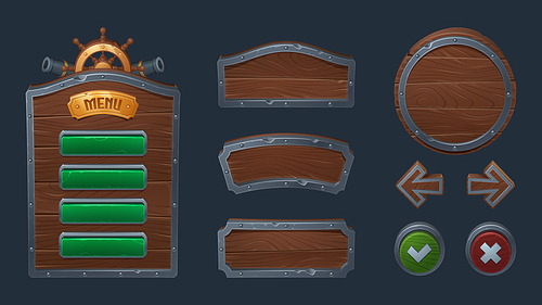 Wood pirate ui game frame and board button vector. Wooden texture menu interface with arrow, panel and signboard 2d shape. Round metal web plank for medieval mobile app. Brown fantasy plate kit