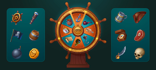 Pirate game spin wheel with slot ui fortune icon set. Isolated bottle with treasure map, skull coin, parchment and flag collection for gui roulette interface. Lucky lottery to play and win bonus