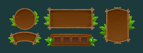 Wood jungle ui game sign board vector cartoon. Forest wooden signboard frame template for text or button. Tropical billboard panel for menu set. Isolated circle border with rainforest leaves icon