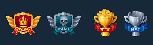 Gold victory and metal defeat ui game screen icon. Win and lose shield emblem with skull and goblet for pirate mobile rpg. 3d rivalry assets. Champion success or fail strip design with wings and crown