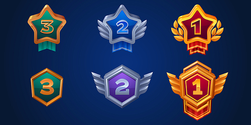 Game award badges and medals for third, second and first place. Cartoon vector illustration set of competition trophy prize with bronze, silver and golden frame and shape of star and hexagon.