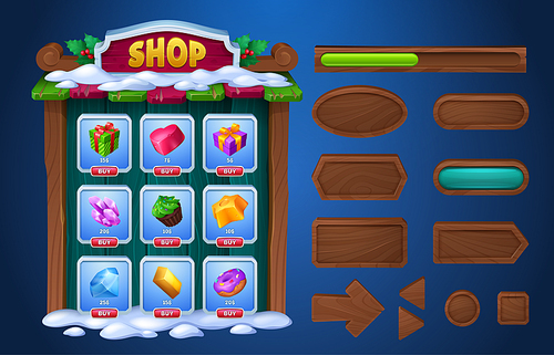 Game user interface menu boards, buttons and shop design. Cartoon vector illustration of winter gui window of wooden snow covered store rack with Christmas decoration, holy plant and items foe selling