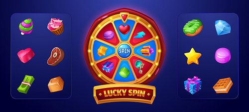 Lucky spin game design elements isolated on blue background. Vector cartoon illustration of lottery wheel with prize icons, money, gemstone, meat, sweet cake, gift box, casino roulette, gambling app