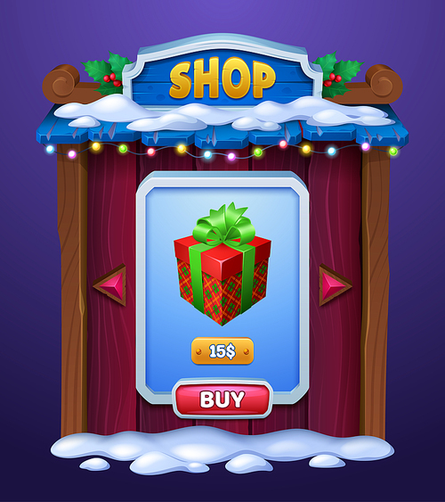 Shop in winter game user interface design. Wooden window of store with Christmas decorations and holy leaves, covered with snow. Cartoon vector of xmas construction board for selling assets.