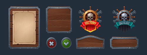 Pirate adventure game ui elements isolated on background. Vector cartoon illustration of wooden boards with iron frames, menu background, blank old paper sheet, victory and defeat badges, nameplates