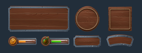 Wooden frames and boards with copy space, score bars for game user interface design. Cartoon set of round and rectangular menu and text panels and banners with texture of wood and metal or rope border