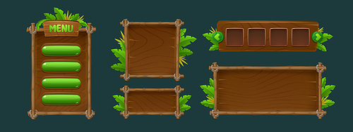 Jungle adventure game ui elements isolated on background. Vector cartoon illustration of wooden boards with bamboo frame, menu background with buttons, shop template, green tropical plants decoration