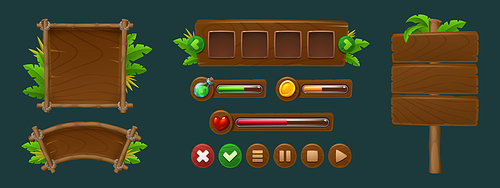 Wooden frames and score bars, boards and buttons with jungle leaves and copy space for game user interface design. Cartoon set of menu and text panels and banners with texture of wood and forest plant