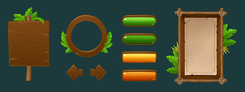 Wooden and old paper frames and boards, buttons and arrows with jungle leaves and copy space for game ui design. Cartoon gui menu and text signboard with texture of wood and tropic forest foliage.