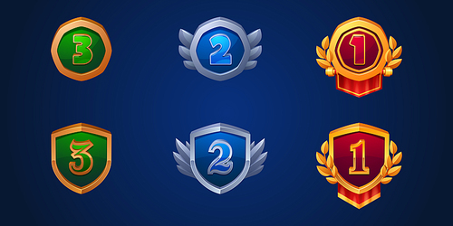 Game ui medals for third, second and first place award. Cartoon vector illustration set of trophy badge with bronze, silver and golden frame and shape of shield and hexagon. Gui achievement trophy.