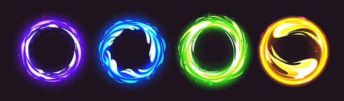 Neon blue circle magic portal glow light effect. 3d round swirl with gold speed spiral power element. Strange multiverse teleport shine. Abstract isolated green circular tunnel vortex vector frame