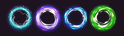 Circle magic light portal with neon glow effect. 3d blue energy round swirl abstract vector. Speed vortex wave flare element. Futuristic spiral multiverse teleport with lightning and electric tunnel