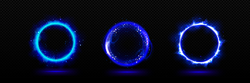 Blue neon 3d magic light glow effect on circle portal. Abstract vector ring energy flare. Isolated teleport radial electric frame with sparkle and steam. Mysterious circular fire luminous with smoke