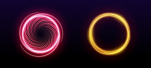 Magic neon light circle portal with glow effect. Ring line spark flare frame with shine. Isolated red and gold abstract radiant luminous swirl design. Illuminated bright dynamic motion speed trail