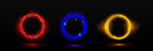 Circular fantastic portal with light neon effect. Realistic vector illustration set of colorful glowing neon rings - magic gateway for traveling in space or time. Luminous teleport power technology.