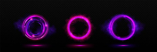 Circular halo light effects set isolated on transparent background. Vector realistic illustration of round avatar frames in pink, blue, purple colors with shimmering particles and smoke, magic portal
