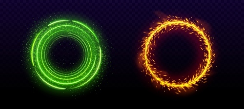 Magic circular portal with light glow effect. Realistic vector illustration set of neon fantasy door to another world. Round energy ring with sparkles and fog. Flare luminous teleport ball and frame.