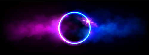 Neon luminous ring frame with cloud or smoke and twinkle. Realistic vector of led light circle with glowing pink and blue fog effect on dark background. Magic or futuristic game portal with haze.