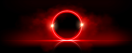Red neon circle light frame with cloud smoke effect. Led abstract ring with glow and flare. Realistic and mystery laser round surreal smokey design. Futuristic magic glowing music stage graphic