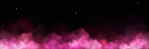 Cloud of pink smoke on black transparent background, bright stars shining in dark night sky. Realistic vector illustration of magic color fog with overlay effect. Holi powder paint mist. Love in air