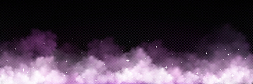 Realistic abstract smoke background with stars on transparent background. Vector illustration of dark night sky with pink and purple mist cloud, sparkles and glitter dust texture. Fantasy galaxy