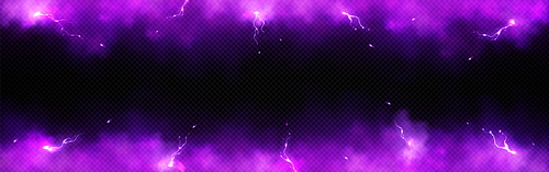 Purple lightning and smoke effect frame background. 3d abstract thunder glow cloud border design element. Isolated glowing thunderbolt impact overlay with fluffy texture. Transculent fog with sparkle