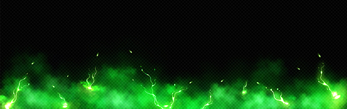 Realistic thunder light and green smoke cloud bottom frame. Mysterious lightning glow border wide panoramic element. Fluffy magic spell mist glowing with bolt energy charge overlay turquoise design