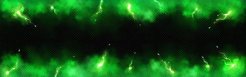 Lightning strikes in green smoke on transparent background. Vector realistic illustration of abstract cloud of toxic gas, neon electric energy discharges, glowing poisonous air, banner frame design