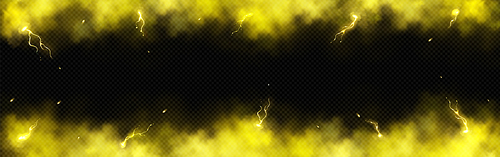 Yellow lightning frame with smoke glow effect. Thunder light electric border line design. Neon energy charge rectangle top and bottom shape. 3d radiation fog thunderbolt translucent overlay banner