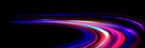 High speed motion curve lines with light neon effect. Blue and pink glowing dynamic trail of fast car movement or race. Realistic vector illustration of energy flare action on black background.