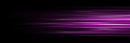 Straight streaks with high speed motion light effect. Purple glowing dynamic trail. Realistic vector illustration of neon energy flare action of fast car movement or race on black background.