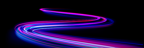 Fast speed light motion race effect abstract background. Blue and red flare energy trail with blur. Futuristic network data track for cyber graphic design. Modern neon speedy long move flash traffic