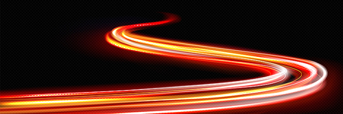 High speed curves of driving line with light neon effect. Red and yellow glowing dynamic trace of fast moving car or race. Realistic vector illustration of energy flash lines on black background.