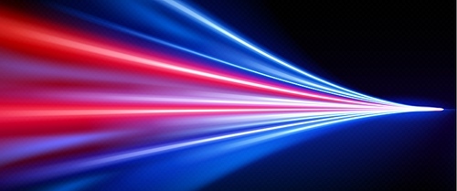 Line speed motion light effect abstract background. Blue and red dynamic neon race color trail. Digital technology internet data and network cyber concept. Laser flare ray and gradient blur banner