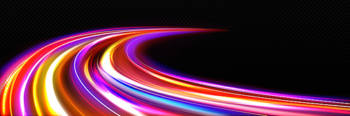 Fast line effect, speed motion light background. Dynamic road movement with red, yellow and pink color blur. Streak flare highway design with long exposure glow. Bright digital race velocity pattern