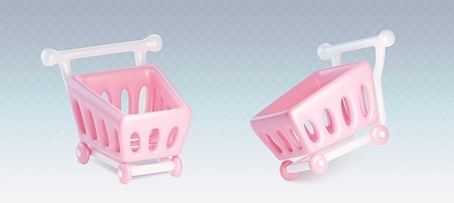 3D supermarket cart set isolated on transparent background. Vector realistic illustration of empty pink shop trolley for goods, retail shopping online, add to cart icon, website or app design element