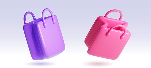 3D shopping bags set isolated on background. Vector realistic illustration of purple and pink glossy plastic packages for purchase or gift, discount or sale icon for store website design, fashion shop