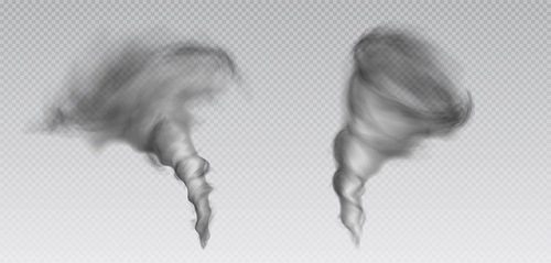 3d tornado and hurricane isolated vector storm vortex. Realistic whirlwind twister cloud effect icon. Transparent air funnel whirl. Spiral disaster windstorm set. Different typhoon collection