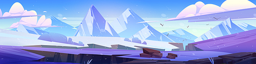 Winter scenery with mountains, snow and land cracks. Nature landscape of white fields with chasms, rocks on horizon, snowfall and flying birds, vector cartoon illustration