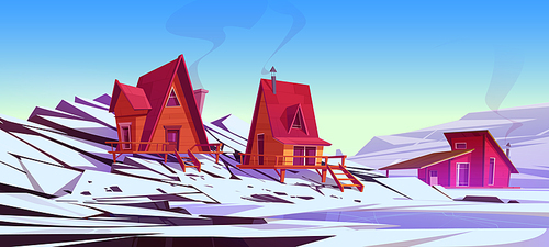 Winter mountain landscape with chalet houses, white snow, frozen lake. Small wooden cottages in alpine village or ski resort, vector cartoon illustration