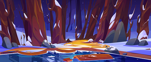 Nature winter forest scene with lake. Landscape with snowy trees, bushes, frozen pond and wooden log in water. River or stream coast, vector cartoon illustration
