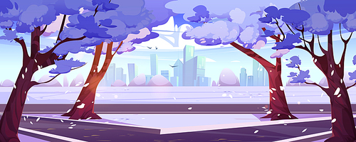 Winter snow city park landscape background. Cartoon vector skyline scene with road. Wintertime cityscape urban illustration with white trees and walking paths Modern architecture perspective view
