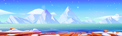 Lake with ice, wood pier and mountains in winter. Landscape with frozen river water, snow on wooden berth or embankment and white rocks on horizon, vector cartoon illustration