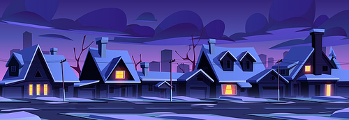 City neighborhood with street, houses and snow at night. Winter landscape of suburban district with cottages, residential buildings and road, vector cartoon illustration