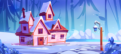 Pink rural house on winter forest glade near frozen lake. Vector cartoon illustration of country cottage building surrounded by snowy spruce trees, blue river, old lantern. Game background